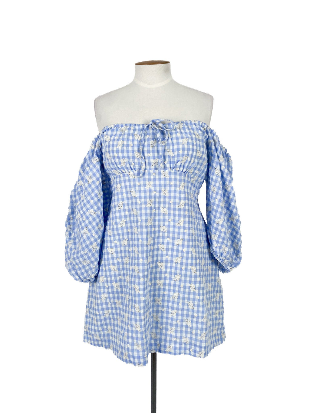 Robe Courte Bleue à Carreaux Vichy Manches Courtes Taille 42 Mélange Coton