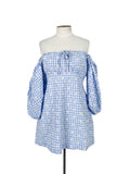 Robe Courte Bleue à Carreaux Vichy Manches Courtes Taille 42 Mélange Coton