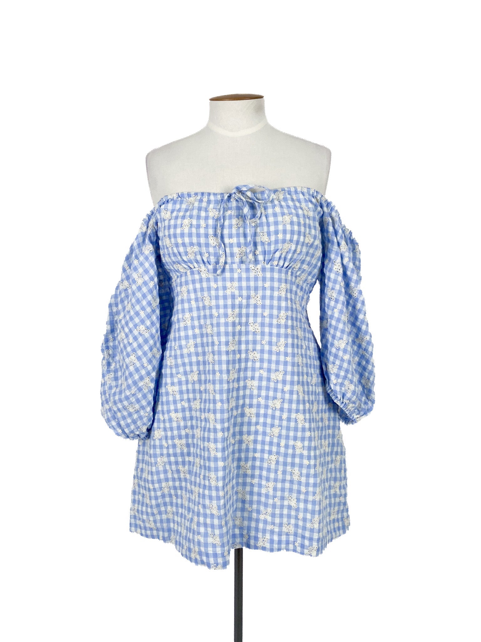 Robe Courte Bleue à Carreaux Vichy Manches Courtes Taille 42 Mélange Coton