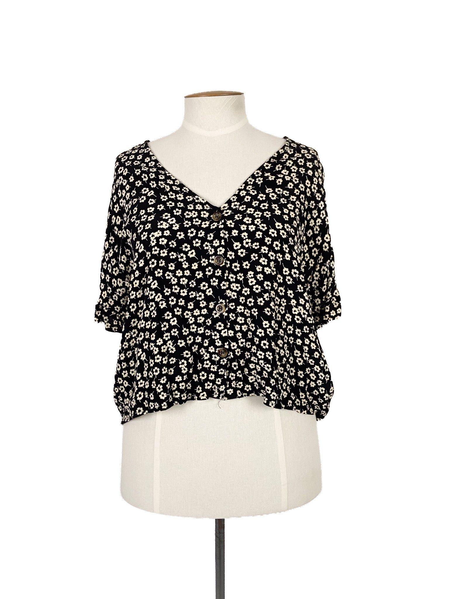 Chemisier court fleuri noir à manches courtes et léger, taille XXL
