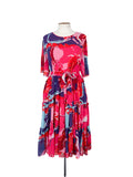 Robe midi rose à fleurs ceinturée, manches courtes, rayonne, taille 18