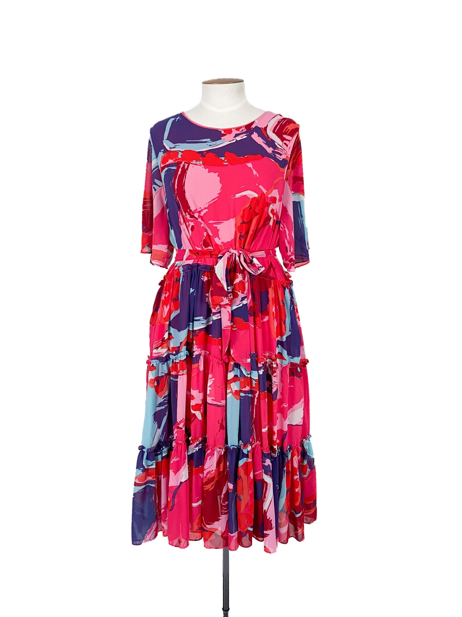 Robe midi rose à fleurs ceinturée, manches courtes, rayonne, taille 18