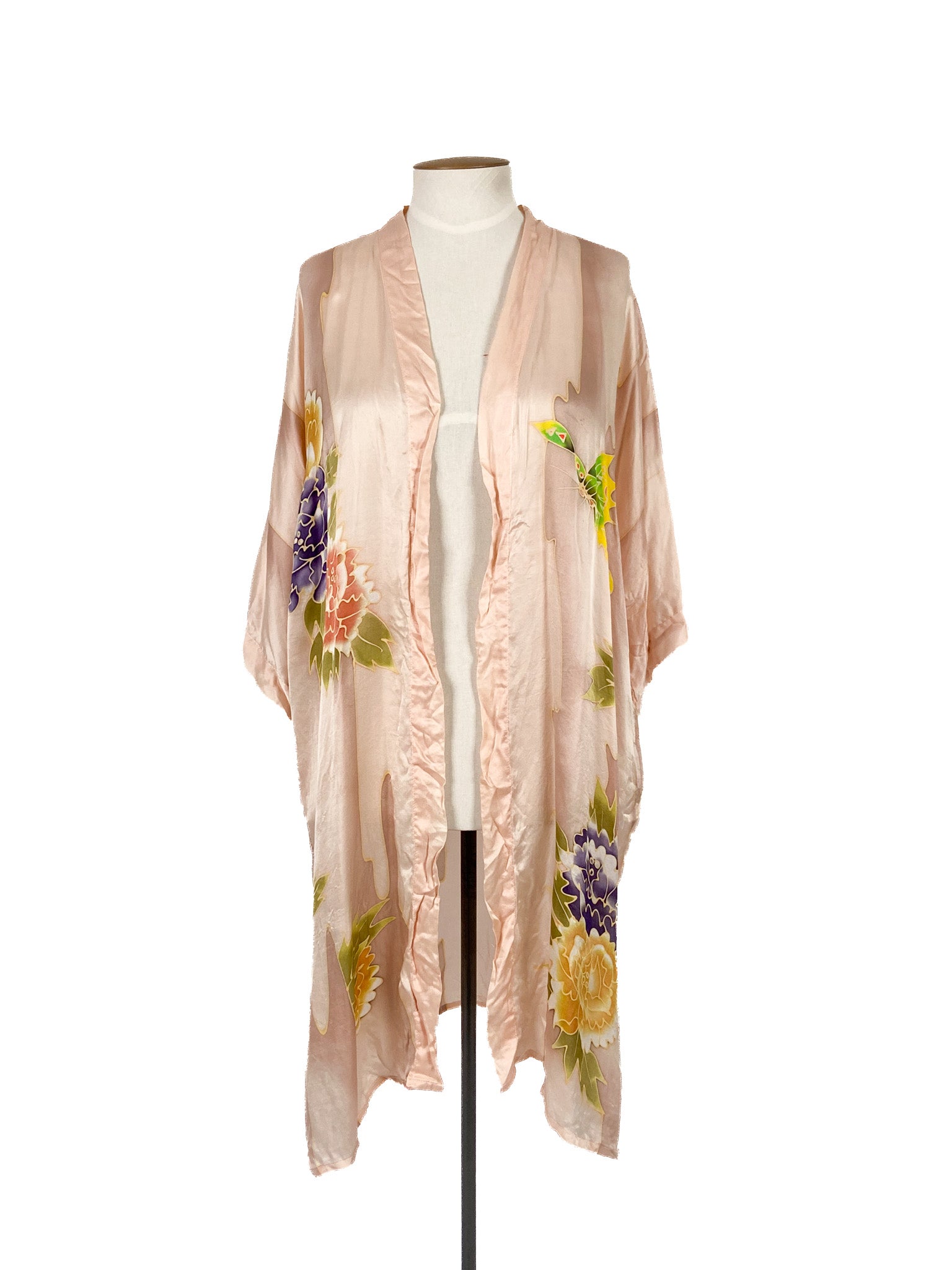 Robe-cardigan fluide en soie à motifs floraux roses Taille unique