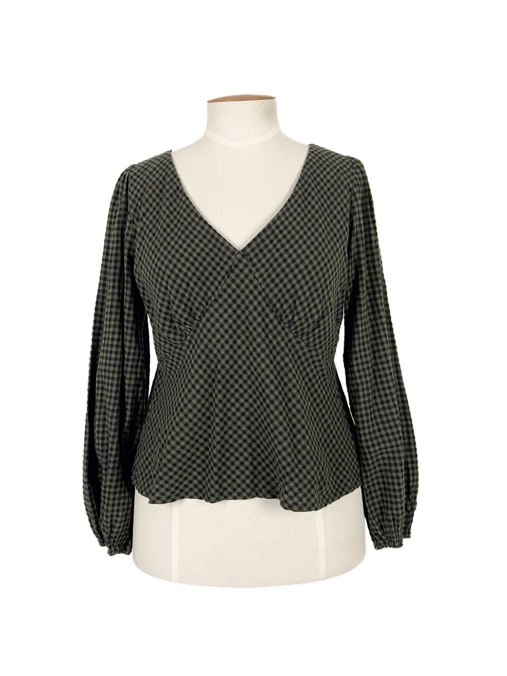 Chemisier à manches longues en vichy vert, coton et viscose, taille 12