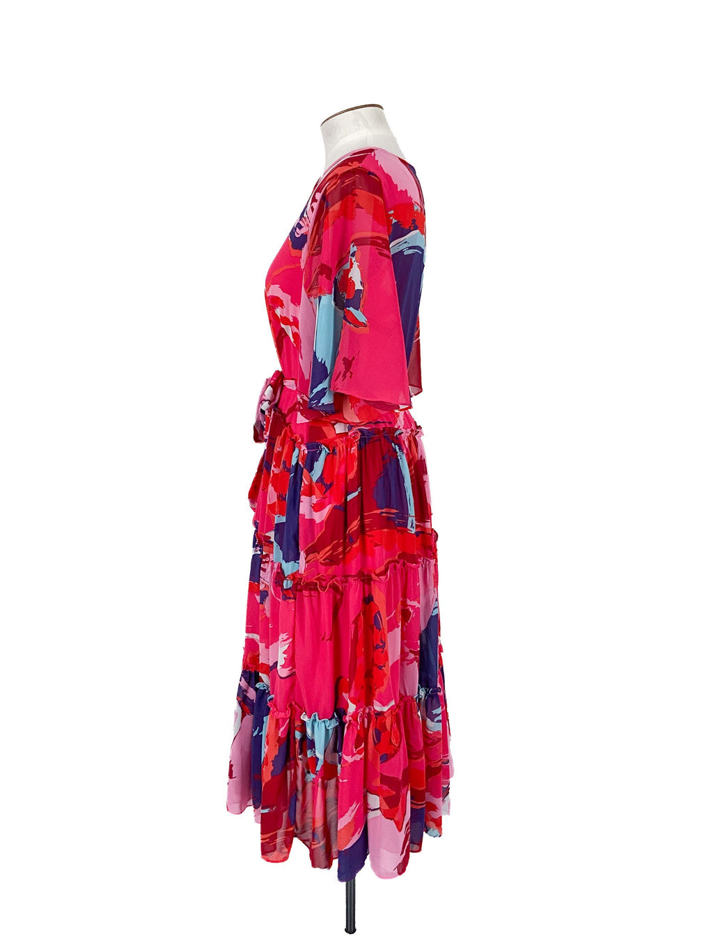 Robe midi rose à fleurs ceinturée, manches courtes, rayonne, taille 18