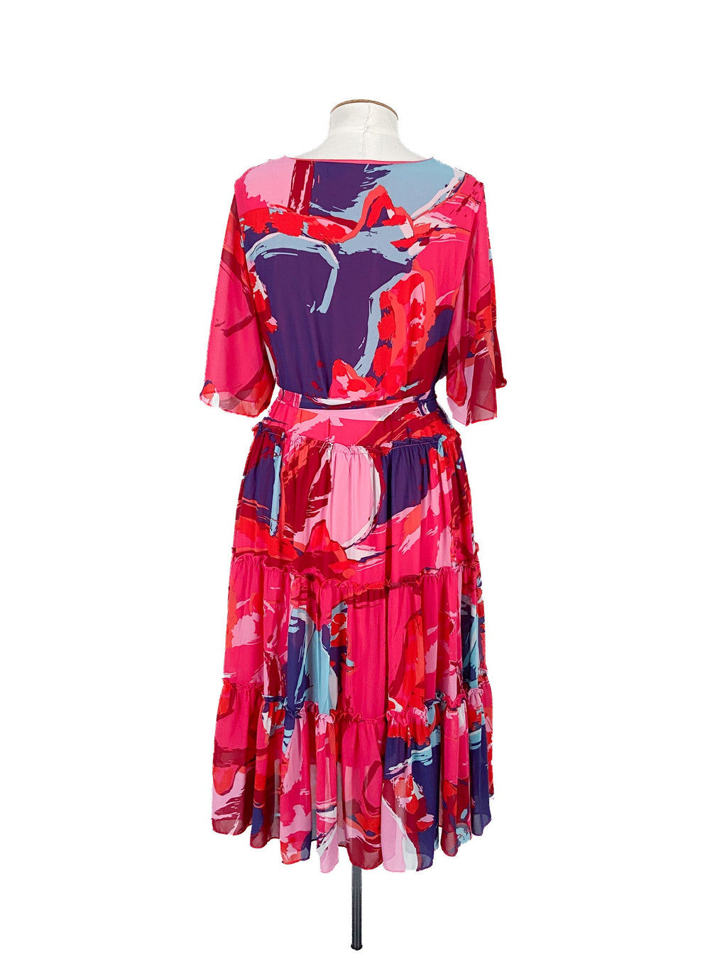Robe midi rose à fleurs ceinturée, manches courtes, rayonne, taille 18