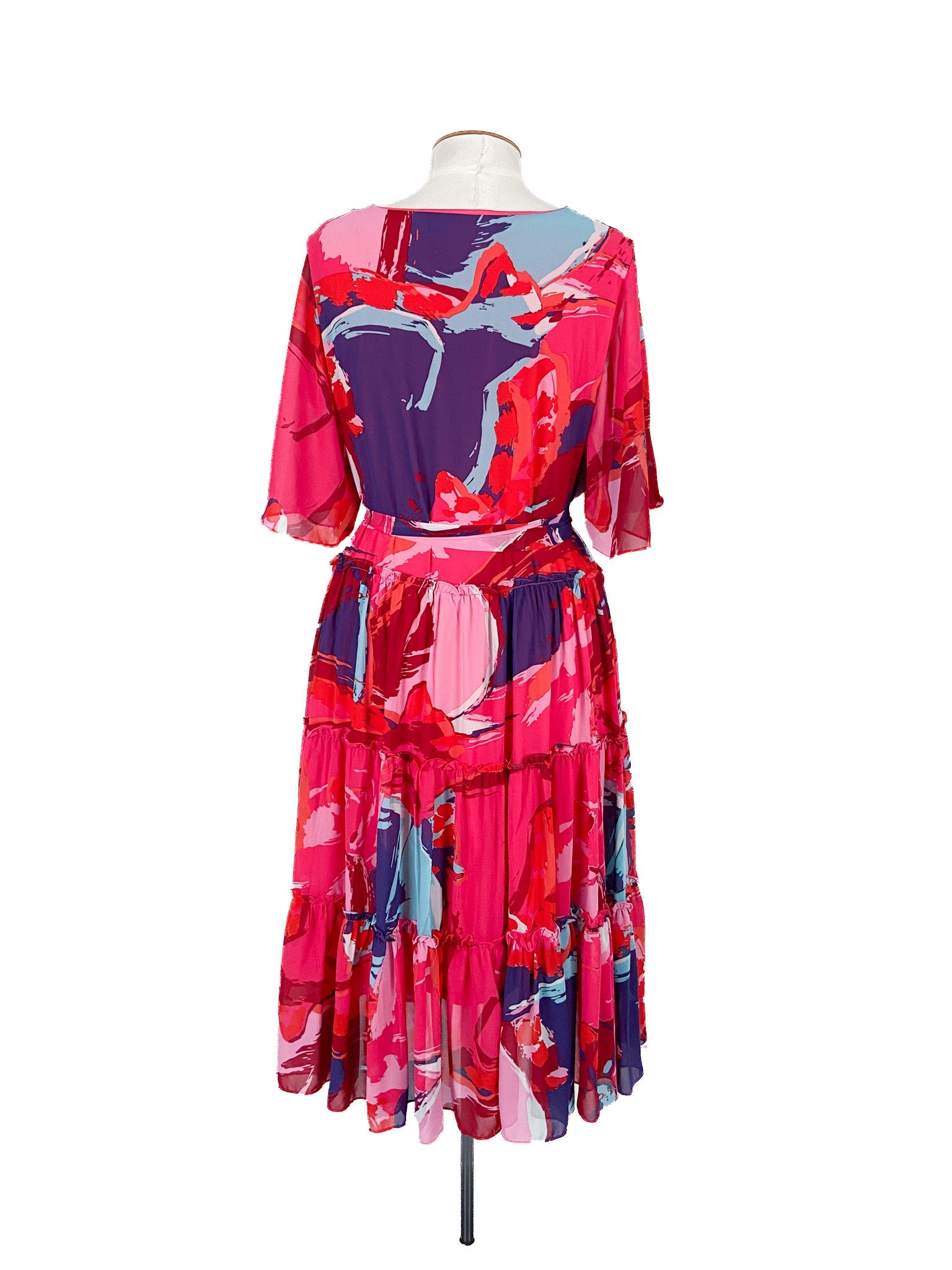 Robe midi rose à fleurs ceinturée, manches courtes, rayonne, taille 18