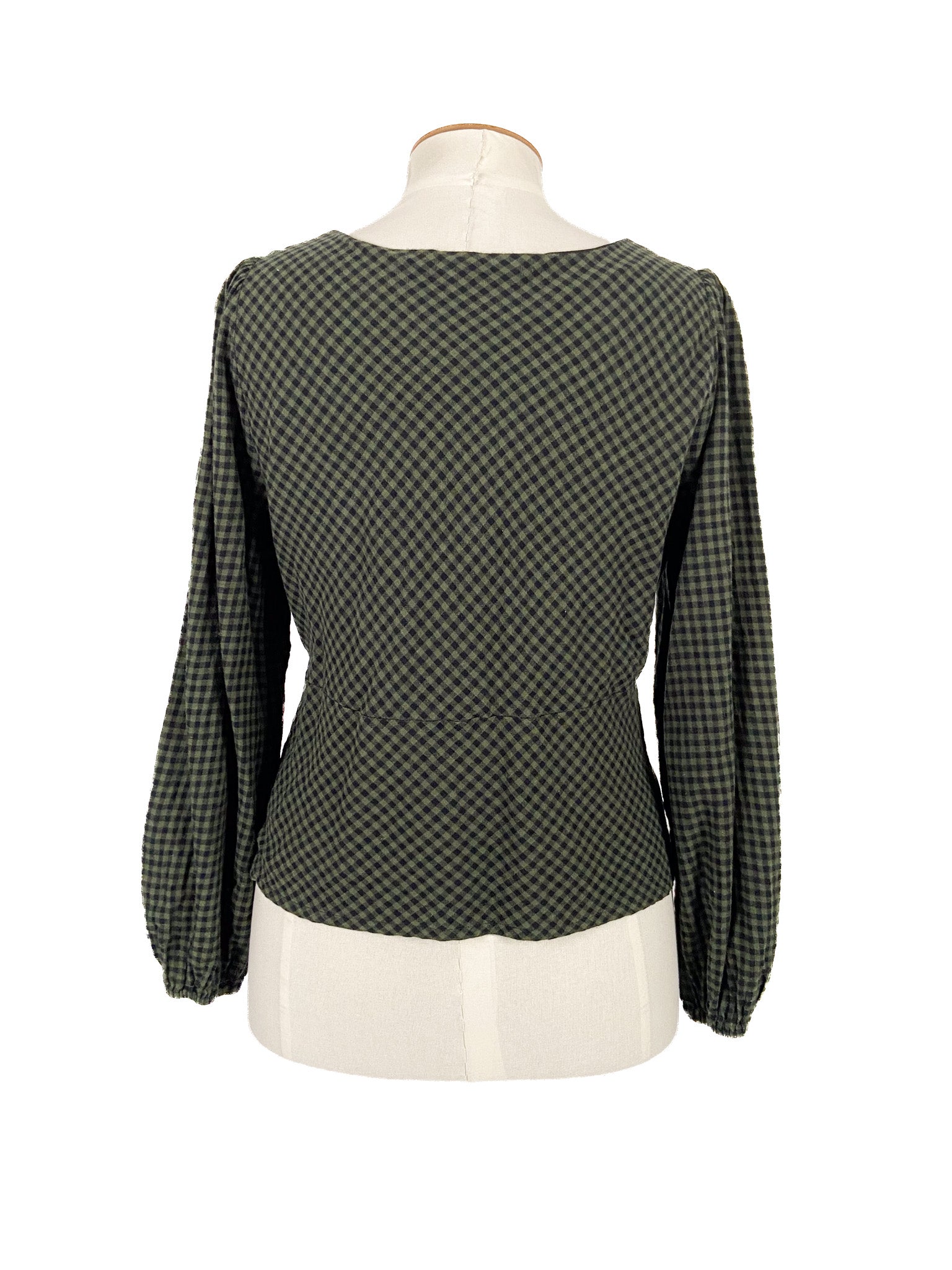 Chemisier à manches longues en vichy vert, coton et viscose, taille 12